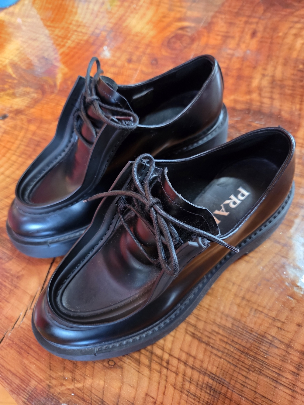 PRADA Diapason Black Opague Brushed Leather Lace-up Loafers - Picture 7 of 8